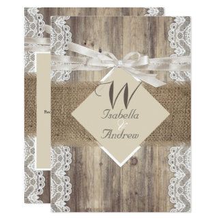 Rustic Wedding Beige White Lace Wood Burlap 2 Card