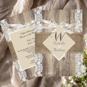 Rustic Wedding Beige White Lace Wood Burlap 2 Invitation