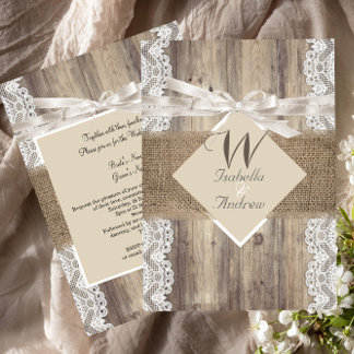 Rustic Wedding Beige White Lace Wood Burlap 2 Invitation