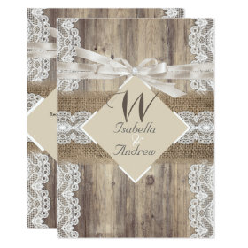Rustic Wedding Beige White Lace Wood Burlap 2a Invitation