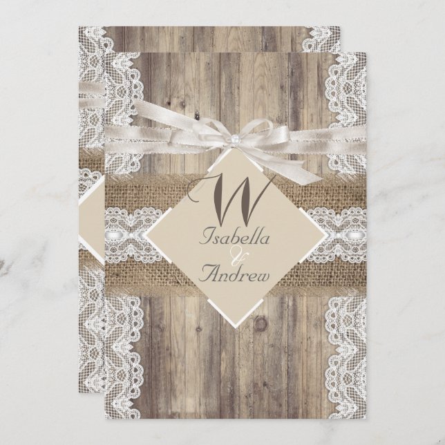 Rustic Wedding Beige White Lace Wood Burlap 2a Invitation (Front/Back)