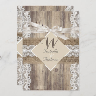 Rustic Wedding Beige White Lace Wood Burlap 2a Invitation