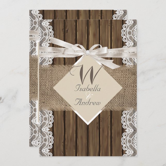 Rustic Wedding Beige White Lace Wood Burlap 3 Invitation (Front/Back)
