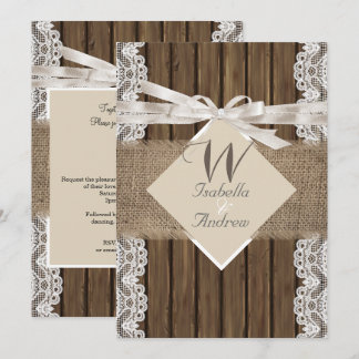 Rustic Wedding Beige White Lace Wood Burlap 3 Invitation