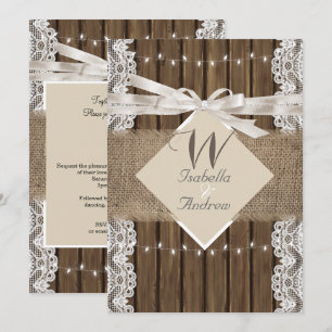 Rustic Wedding Beige White Lace Wood Burlap 5 Invitation