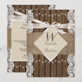 Rustic Wedding Beige White Lace Wood Burlap 5 Invitation