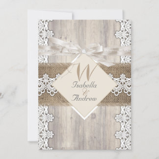 Rustic Wedding Beige White Lace Wood Burlap AB Invitation