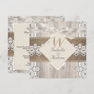 Rustic Wedding Beige White Lace Wood Burlap AB Invitation
