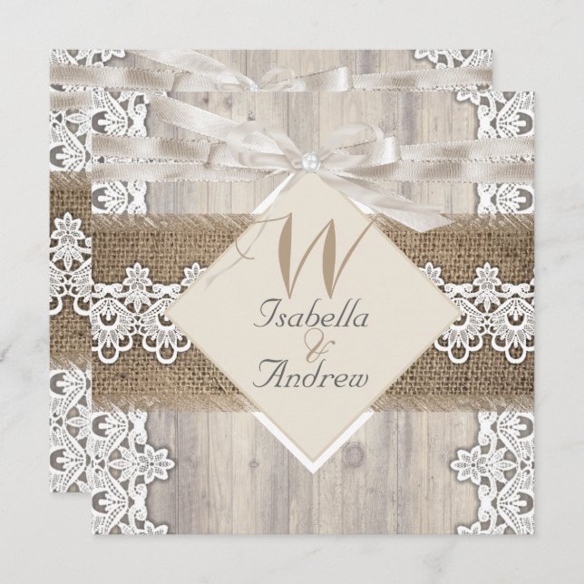 Rustic Wedding Beige White Lace Wood Burlap AB Invitation (Front/Back)