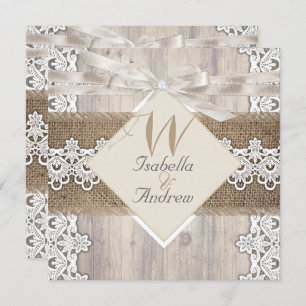 Rustic Wedding Beige White Lace Wood Burlap AB Invitation