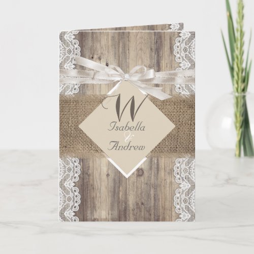 Rustic Wedding Beige White Lace Wood Burlap Invitation