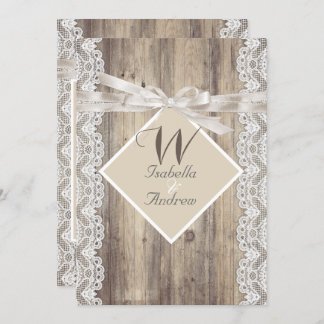 Rustic Wedding Beige White Lace Wood Invitation