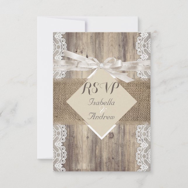 Rustic Wedding Beige White Lace Wood RSVP (Front)