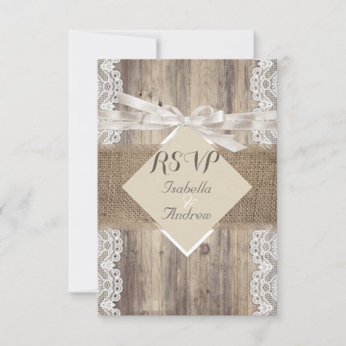 Rustic Wedding Beige White Lace Wood RSVP