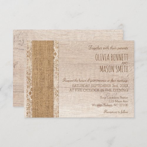 Rustic Wedding Beige White Wood Burlap Invitation