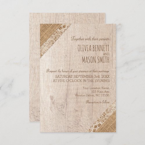 Rustic Wedding Beige White Wood Burlap Invitation