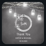 Rustic Wedding Black Chalkboard Thank You Square Sticker<br><div class="desc">Black White Chalkboard Wedding Thank You Stickers with String Lights and Mason Jars, Couple Initials, Monogram. Use personalize this template option to change the text on the front and back. Also check out our store collection below for matching items. For any assistance in changing text, use message option below our...</div>