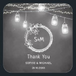 Rustic Wedding Black Chalkboard Thank You Square Sticker<br><div class="desc">Black White Chalkboard Wedding Thank You Stickers with String Lights and Mason Jars, Couple Initials, Monogram. Use personalize this template option to change the text on the front and back. Also check out our store collection below for matching items. For any assistance in changing text, use message option below our...</div>