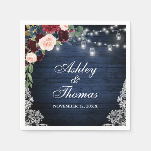 Rustic Wedding Blue Burgundy Floral Lace Lights Napkins