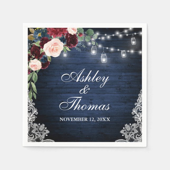 Rustic Wedding Blue Burgundy Floral Lace Lights Napkins (Front)