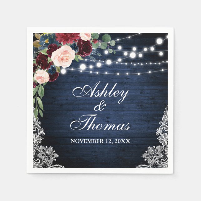 Rustic Wedding Blue Burgundy Floral Lace Napkins (Front)