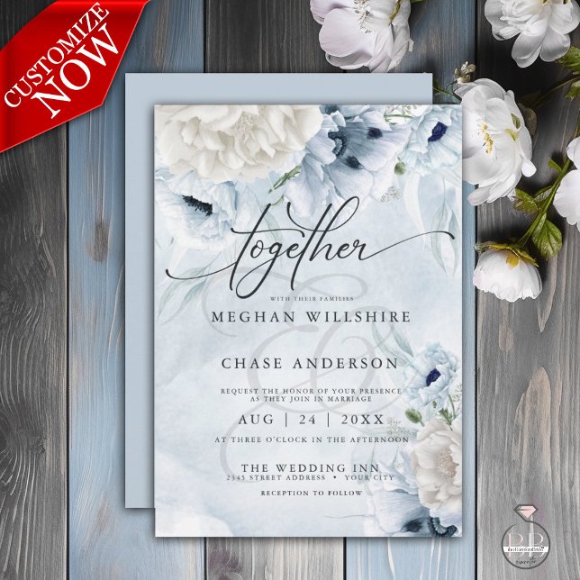 Rustic Wedding Blue Flowers Invitation (Easy to Customize  with your details - part of a coordinated wedding suite)
