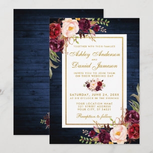 Rustic Wedding Blue Wood Burgundy Floral Wedding Invitation