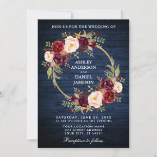 Rustic Wedding Blue Wood Burgundy Wreath Invite
