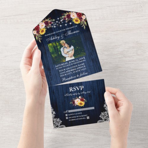 Rustic Wedding Blue Wood Floral Lights Lace Photo All In One Invitation