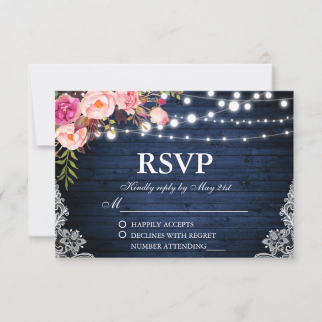 Rustic Wedding Blue Wood Floral Lights Lace RSVP Card (Front)