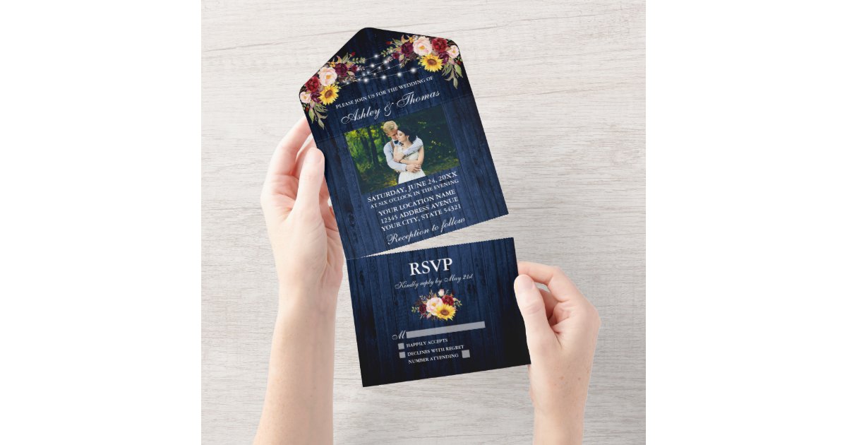 Rustic Wedding Blue Wood Floral Lights Photo All In One Invitation | Zazzle