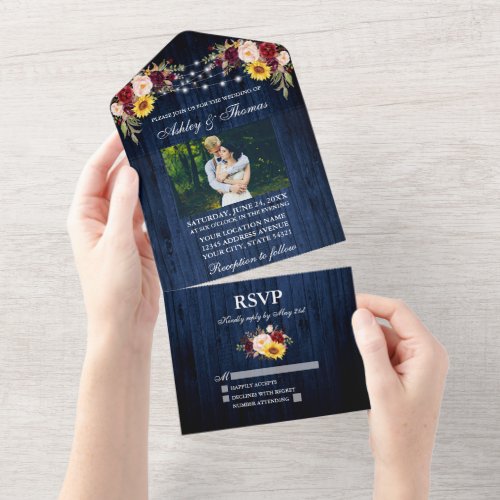 Rustic Wedding Blue Wood Floral Lights Photo All In One Invitation