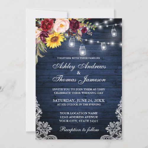 Rustic Wedding Blue Wood Jars Lights Lace Floral Invitation