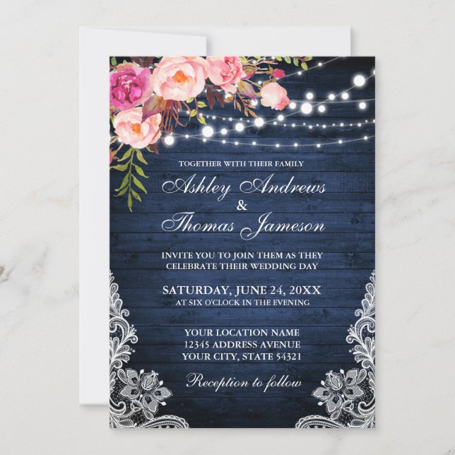 Rustic Wedding Blue Wood Lights Floral Lace Invitation (Front)