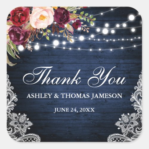 Rustic Wedding Blue Wood Lights Floral Thank You Square Sticker