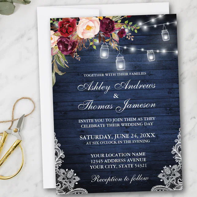 Rustic Wedding Blue Wood Lights Jars Lace Floral Invitation | Zazzle