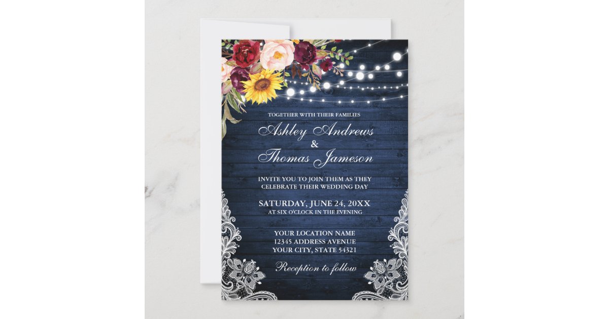 Rustic Wedding Blue Wood Lights Lace Floral Invitation | Zazzle