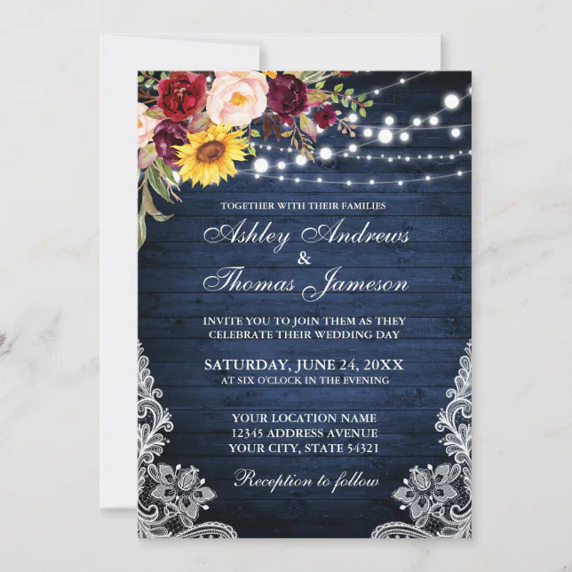 Rustic Wedding Blue Wood Lights Lace Floral Invitation | Zazzle
