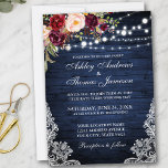 Rustic Wedding Blue Wood Lights Lace Floral Invite<br><div class="desc">Rustic Blue Wood String Lights Lace Burgundy Watercolor Floral Wedding Invitation</div>