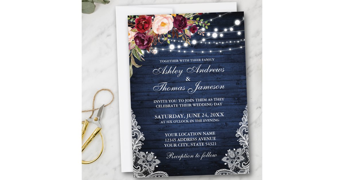 Rustic Wedding Blue Wood Lights Lace Floral Invite | Zazzle
