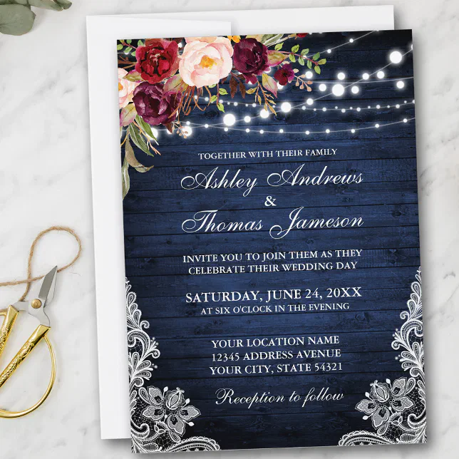 Rustic Wedding Blue Wood Lights Lace Floral Invite | Zazzle