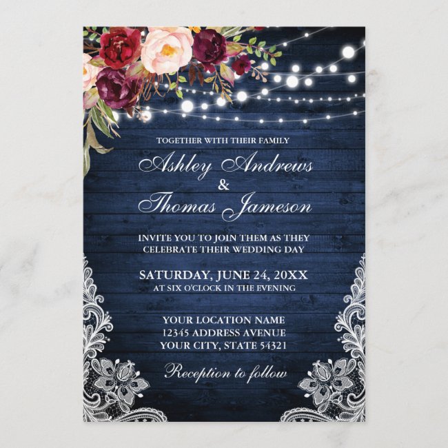 Rustic Wedding Blue Wood Lights Lace Floral Invite