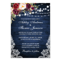 Rustic Wedding Blue Wood Lights Lace Floral Invite