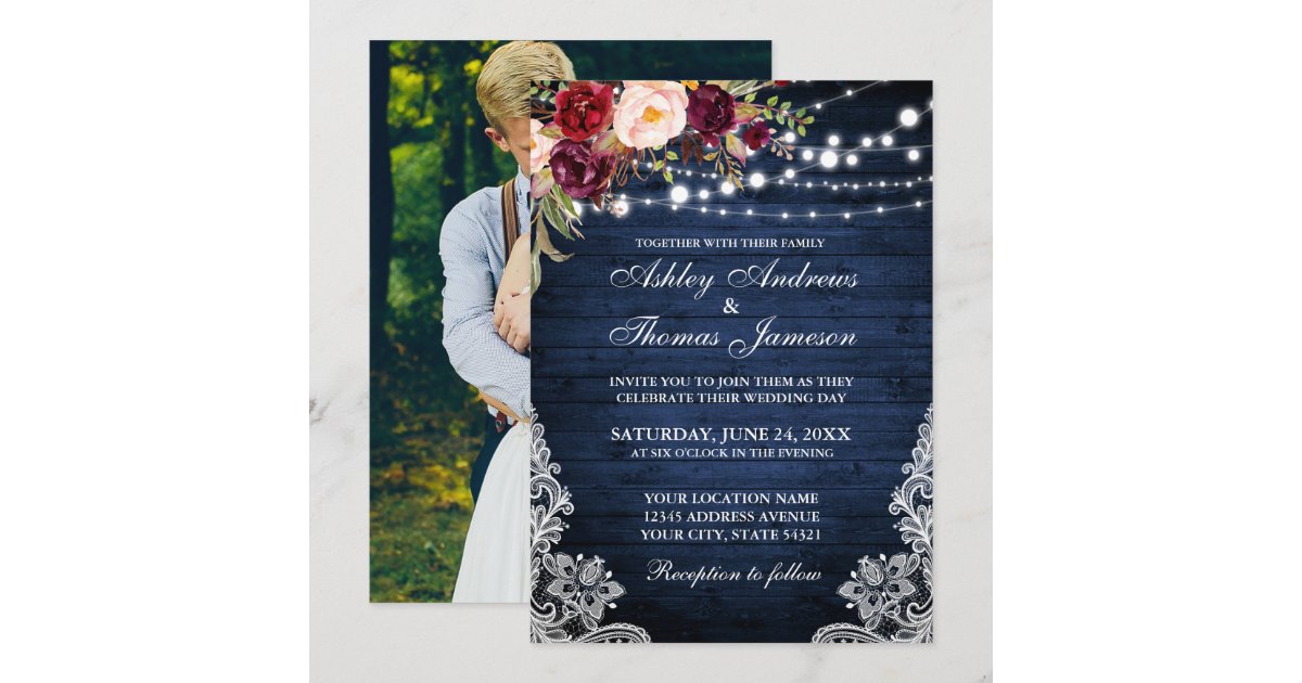 Rustic Wedding Blue Wood Lights Lace Floral Photo Invitation | Zazzle