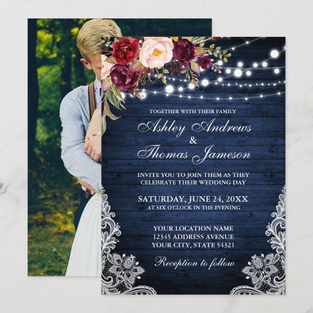 Rustic Wedding Blue Wood Lights Lace Floral Photo Invitation (Front/Back)