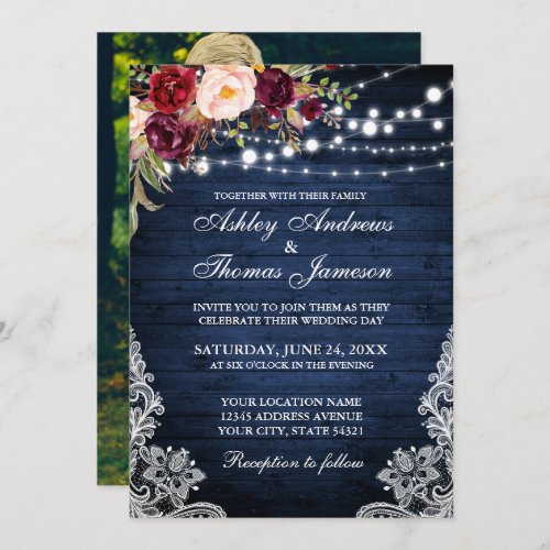 Rustic Wedding Blue Wood Lights Lace Floral Photo Invitation