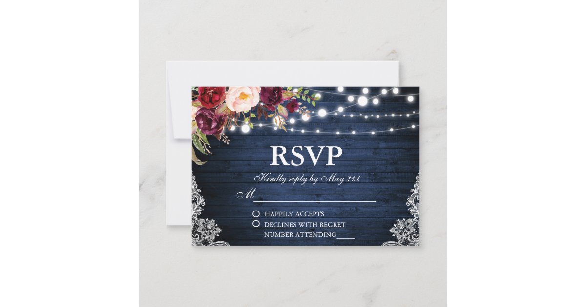 Rustic Wedding Blue Wood Lights Lace Floral RSVP Card | Zazzle