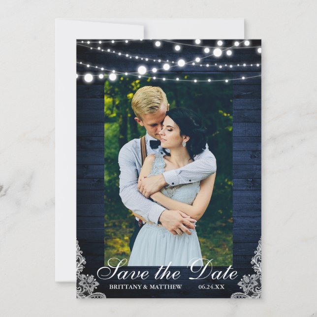 Rustic Wedding Blue Wood Lights Lace Save the Date (Front)