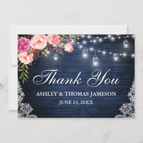 Rustic Wedding Blue Wood Pink Floral Jar Lights Thank You Card