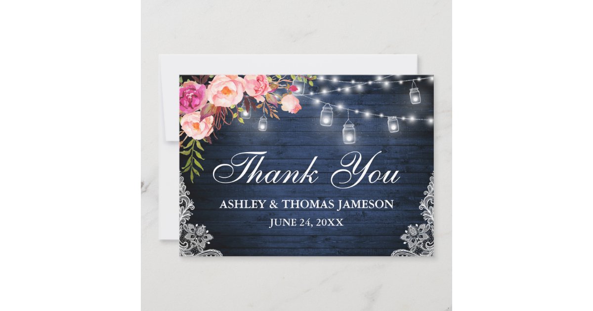 Rustic Wedding Blue Wood Pink Floral Jar Lights Thank You Card | Zazzle
